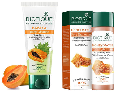 Biotique Honey Water Pore Tightening Brightening Toner With Himalayan Waters, 120ml & Biotique Papaya Deep Cleanse Face Wash For Visibly Glowing Skin All Skin Types, 150ml